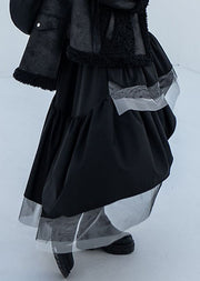 Schicker schwarzer asymmetrischer Tüll-Patchwork-Rock mit elastischer Taille, Baumwolle, A-Linie Sommer