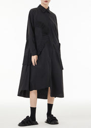 Chic Black Asymmetrical Wrinkled Cotton Robe Dresses Spring