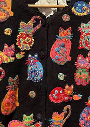 Chic Black Cartoon Embroideried Knit Shirt Top Short Sleeve