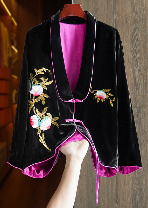 Chic Black Chinese Button Embroidered Silk Velour Coats Long Sleeve
