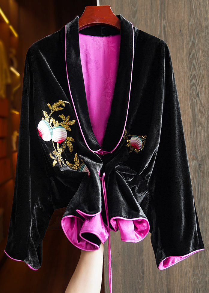 Chic Black Chinese Button Embroidered Silk Velour Coats Long Sleeve