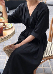 Chic Black Cinched Button Cotton Dress Spring