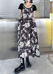 Chic Black Cold Shoulder Print Side Open Cotton Sleeveless Summer Maxi Dress - SooLinen