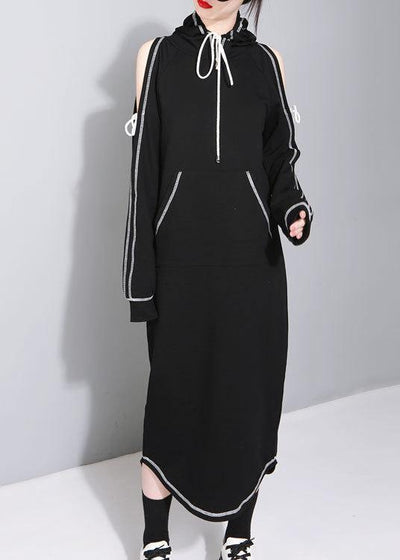 Chic Black Cold Shoulder hooded Long Summer Cotton Dress - SooLinen