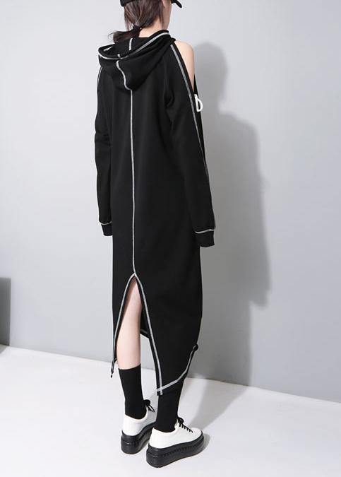 Chic Black Cold Shoulder hooded Long Summer Cotton Dress - SooLinen