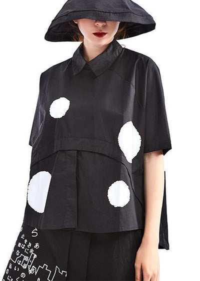 Chic Black Dot Short Sleeve Cotton Shirts - SooLinen