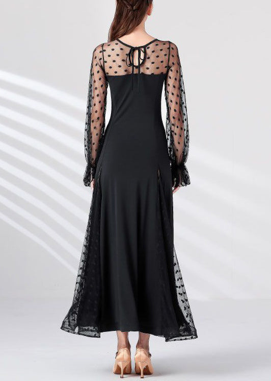 Chic Black Dot Tulle Patchwork Maxi Dresses Spring