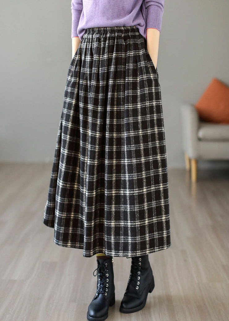 Chic Black Elastic Waist Plaid Cotton A Line Skirt Spring