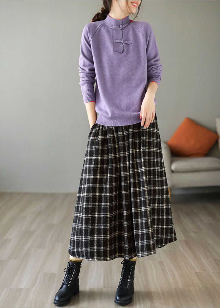 Chic Black Elastic Waist Plaid Cotton A Line Skirt Spring