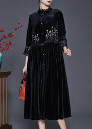 Chic Black Embroidered Patchwork Ruffled Silk Velvet Dress Bracelet Sleeve