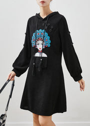 Chic Black Embroidered Chinese Button Corduroy Dress Spring