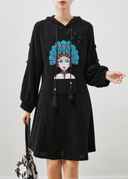 Chic Black Embroidered Chinese Button Corduroy Dress Spring