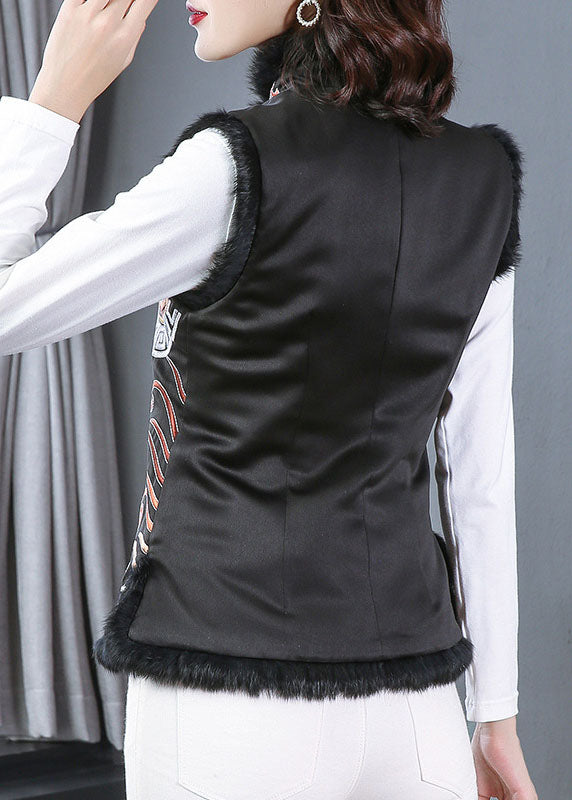 Chic Black Embroidered Fine Cotton Filled Winter Vest