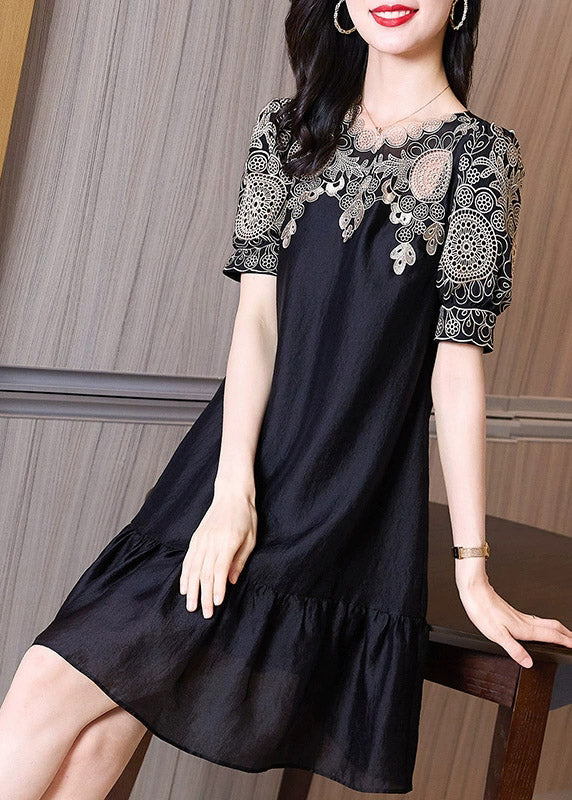 Chic Black Embroidered O-Neck Hollow Out Long Dresses Short Sleeve