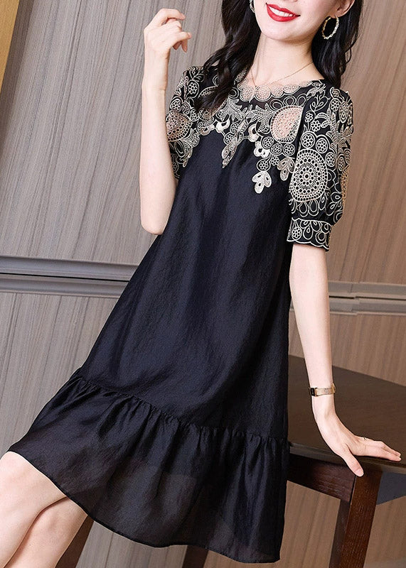 Chic Black Embroidered O-Neck Hollow Out Long Dresses Short Sleeve