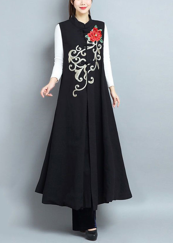 Chic Black Embroidered Side Open Patchwork Cotton Long Waistcoat Sleeveless