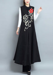 Chic Black Embroidered Side Open Patchwork Cotton Long Waistcoat Sleeveless