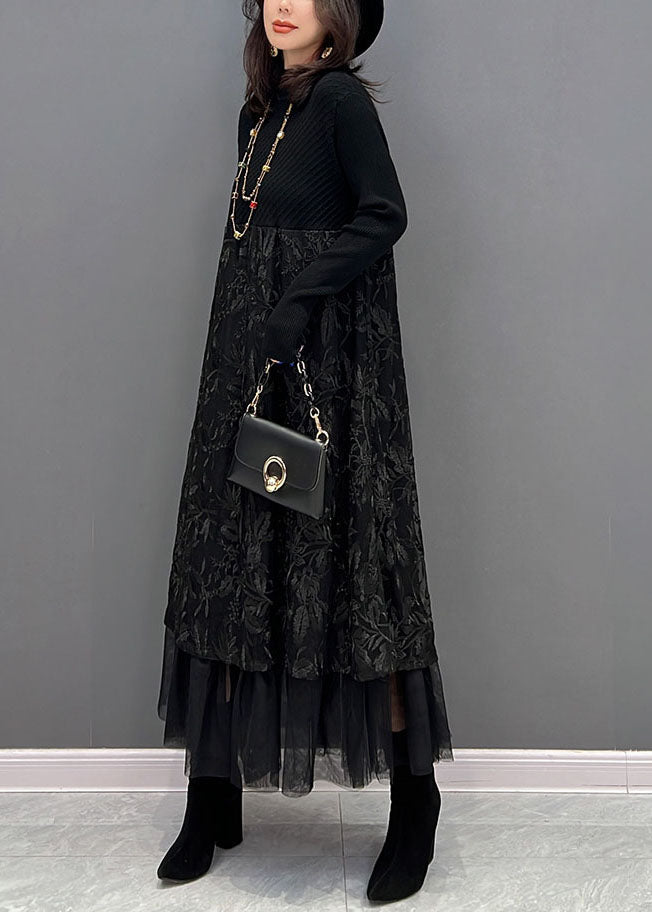 Chic Black Embroidered Tulle Patchwork Knit Dresses Winter