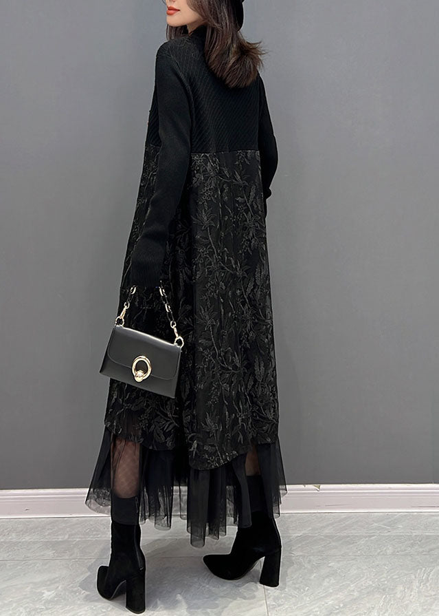Chic Black Embroidered Tulle Patchwork Knit Dresses Winter