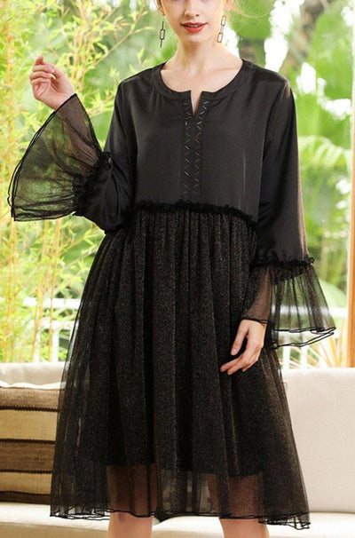 Chic Black Flare Sleeve Chiffon Patchwork Summer Dress - SooLinen