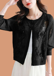 Chic Black Floral Ice Size Knit Cardigans Summer
