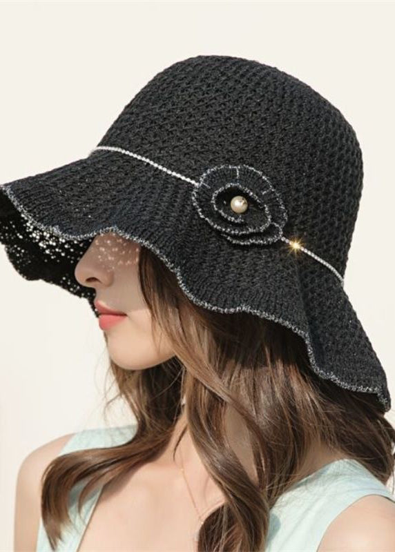Chic Black Floral Pearl Hollow Out Linen Bucket Hat