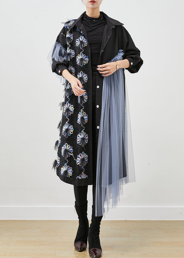 Chic Black Floral Ruffled Patchwork Tulle Cotton Shirt Dress Fall