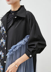 Chic Black Floral Ruffled Patchwork Tulle Cotton Shirt Dress Fall