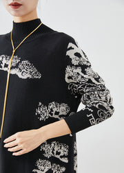 Chic Black High Neck Print Knit Sweater Dress Fall