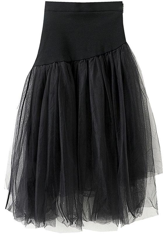 Chic Black High Waist Asymmetrical Patchwork Tulle Skirt Summer