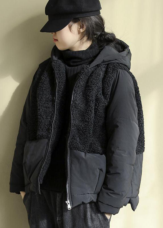 Chic Black Hooded Patchwork Zippered Faux Fur Parkas Winter