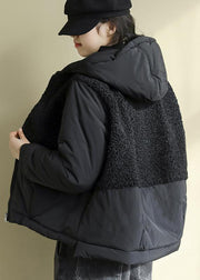 Chic Black Hooded Patchwork Zippered Faux Fur Parkas Winter