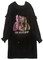 Chic Black Hooded Ruffles Bear Print Chiffon Sweatshirt Streetwear Dress Spring