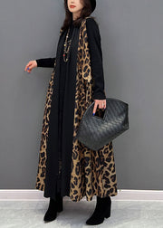 Chic Black Leopard Print Patchwork Chiffon Long Cardigan Sleeveless