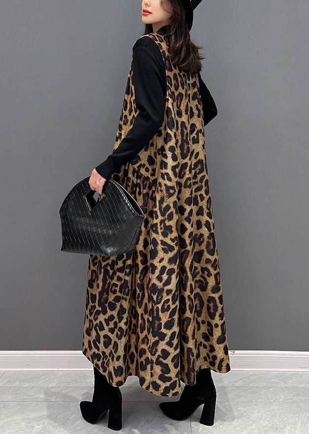 Chic Black Leopard Print Patchwork Chiffon Long Cardigan Sleeveless