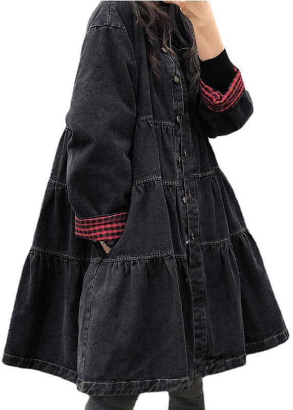 Chic Black Loose Button Patchwork Fall trench coats Dress