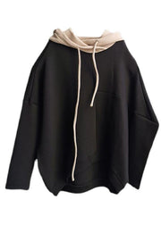 Chic Black Loose Hooded Patchwork Fall Drawstring Sweatshirts Top - SooLinen