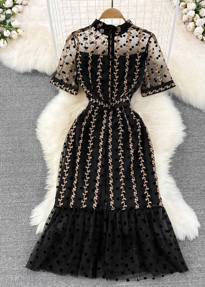 Chic Black O-Neck Dot Ruffled Tunic Tulle Long Fishtail Dress Short Sleeve