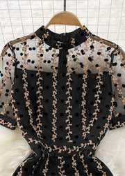 Chic Black O-Neck Dot Ruffled Tunic Tulle Long Fishtail Dress Short Sleeve