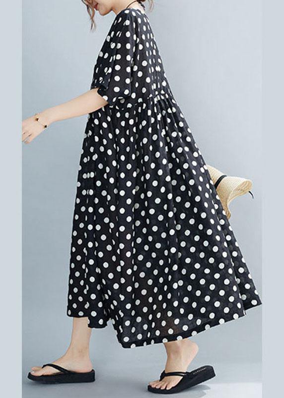 Chic Black O-Neck Dot Summer Maxi Dresses Half Sleeve - SooLinen