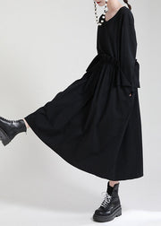 Schicke schwarze Patchwork-Taschen mit O-Ausschnitt Herbstkleid mit langen Ärmeln