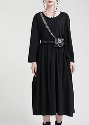Schicke schwarze Patchwork-Taschen mit O-Ausschnitt Herbstkleid mit langen Ärmeln