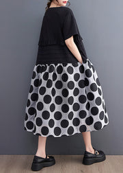 Chic Black O-Neck Ruffled Patchwork Print Dot Maxi Dress Short Sleeve