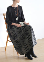 Chic Black O-Neck Striped Patchwork Pockets Long Dresses Long Sleeve