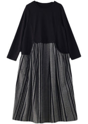 Chic Black O-Neck Striped Patchwork Pockets Long Dresses Long Sleeve