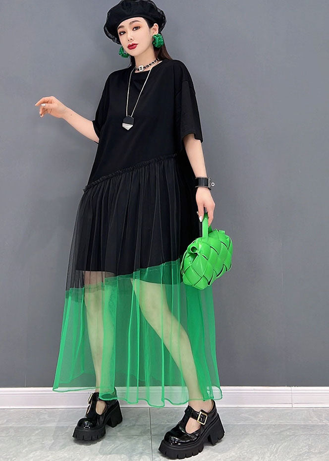 Chic Black O-Neck Tulle Patchwork Cotton Robe Dresses Short Sleeve