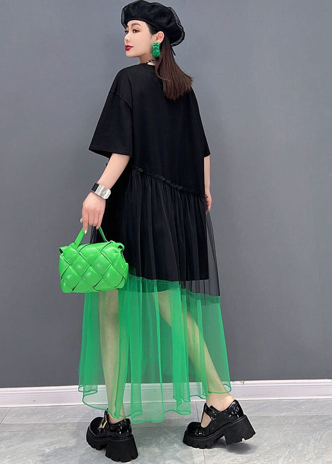 Chic Black O-Neck Tulle Patchwork Cotton Robe Dresses Short Sleeve