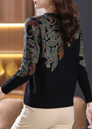 Chic Black O Neck Zircon Patchwork Wool Sweaters Long Sleeve
