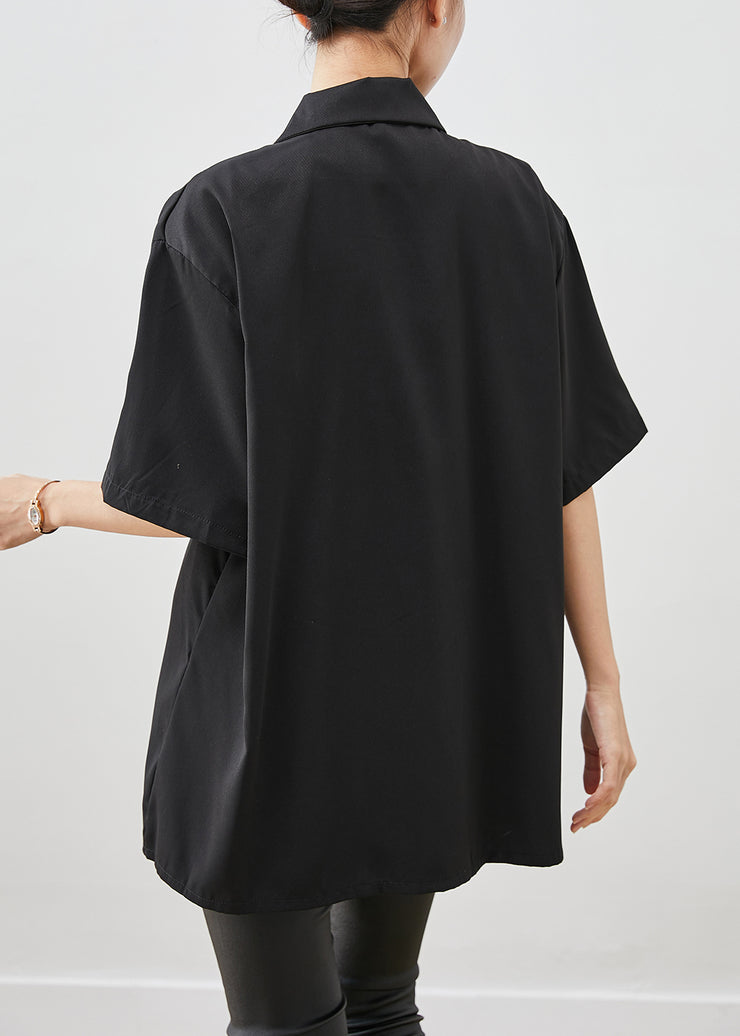 Chic Black Oversized Chinese Button Cotton Shirt Short Sleeve