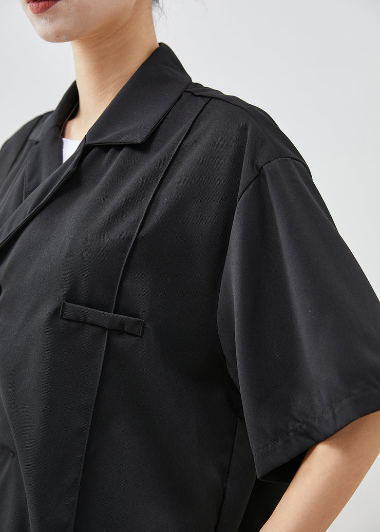 Chic Black Oversized Chinese Button Cotton Shirt Short Sleeve